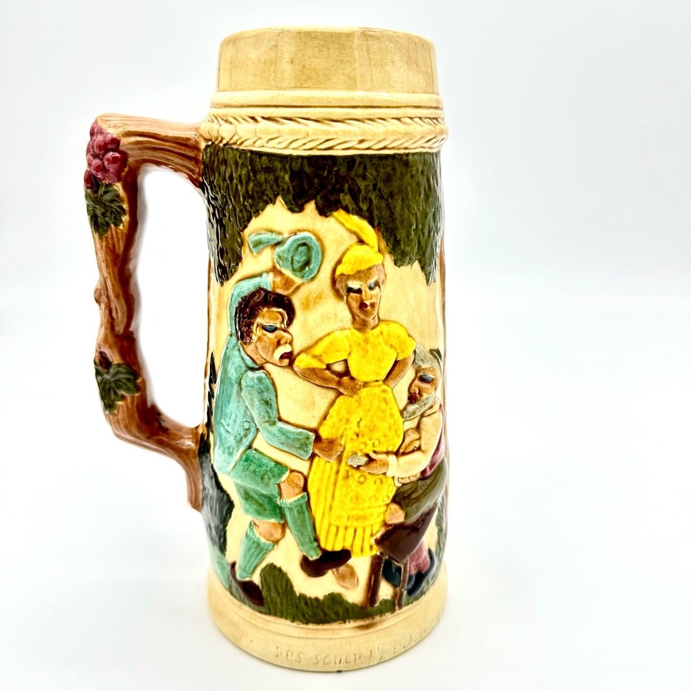 VTG Ceramic Beer Stein Studio Pottery Hand Painted Dancing Couple Signed